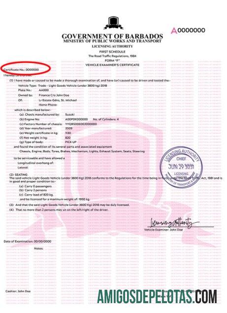 Barbados Vehicle Registration Certificate amostra